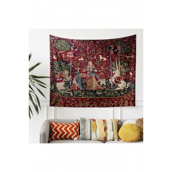 Ortaçağ Unicorn Kadın Vintage Desenli Duvar Örtüsü Duvar Halısı Tapestry