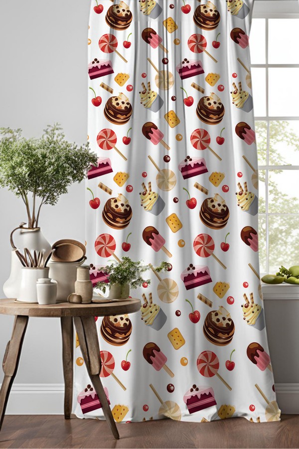 Pasta Şekerler Desenli Djital Baskılı Yemek Odası Mutfak Fon Perde 140x260cm Pasta Şekerler Desenli Djital Baskılı Yemek Odası Mutfak Fon Perde 140x260cm