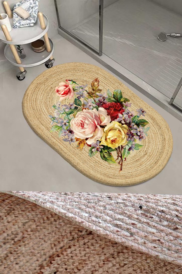 Else Renkli Çiçekli Desenli Halat Hasır Jüt Örgü Oval Banyo Halısı Klozet Duş Önü Paspası Else Renkli Çiçekli Desenli Halat Hasır Jüt Örgü Oval Banyo Halısı Klozet Duş Önü Paspası