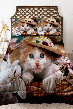 Şapkalı Kedi Desenli Çift Kişilik Kapitoneli Yorgan Yastık Kılıflı Şapkalı Kedi Desenli Çift Kişilik Kapitoneli Yorgan Yastık Kılıflı