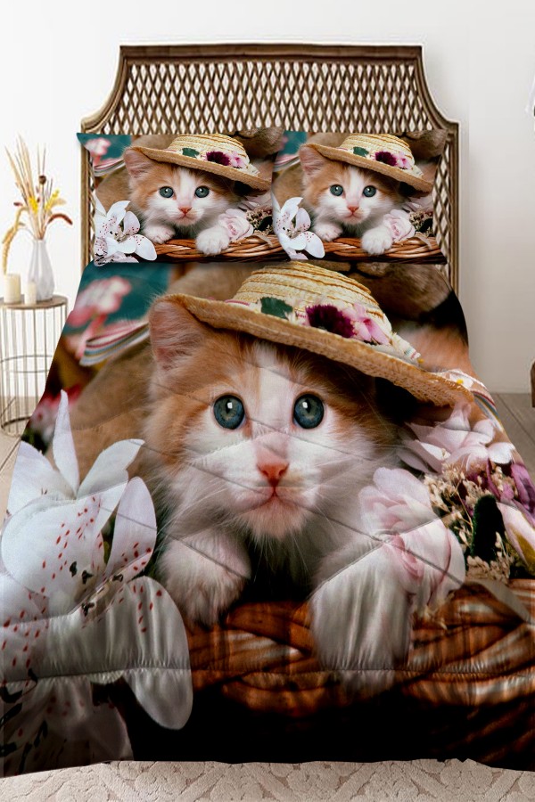 Şapkalı Kedi Desenli Çift Kişilik Kapitoneli Yorgan Yastık Kılıflı