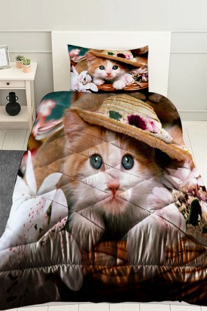 Şapkalı Kedi Desenli Tek Kişilik Kapitoneli Yorgan Yastık Kılıflı Şapkalı Kedi Desenli Tek Kişilik Kapitoneli Yorgan Yastık Kılıflı