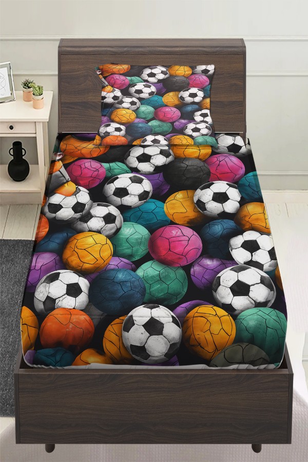 Renkli Toplar Futbol Desenli Erkek Çocuk Tek Kişilik Yastıklı Lastikli Çarşaf Takımı 100x200cm