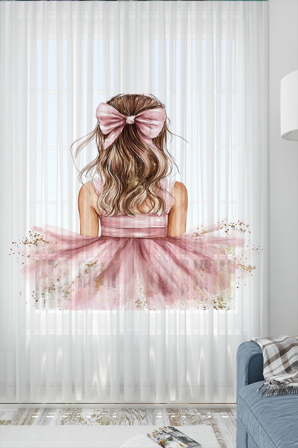 Pembe Fiyonklu Sarı Kız Desenli Çocuk Odası Tül Perde 140x260cm