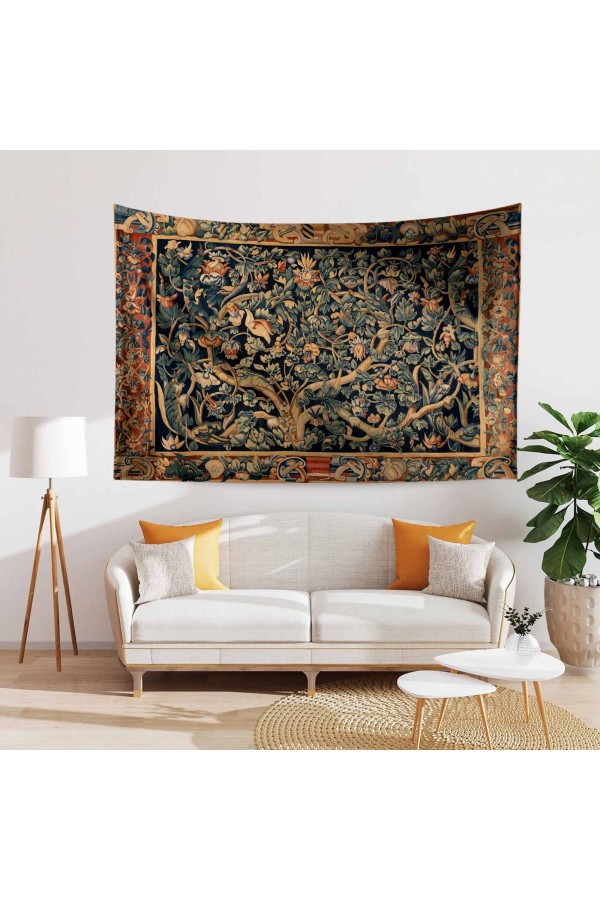 Fransız Vintage Yaşam Ağacı Desenli Duvar Örtüsü Duvar Halısı Tapestry