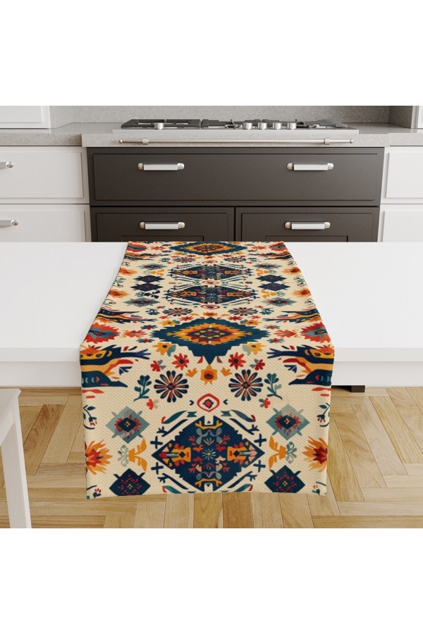 Retro Otantik Desenli Dijital Baskılı Leke Tutmaz Dertsiz Dekoratif Runner Örtüsü 40x140cm