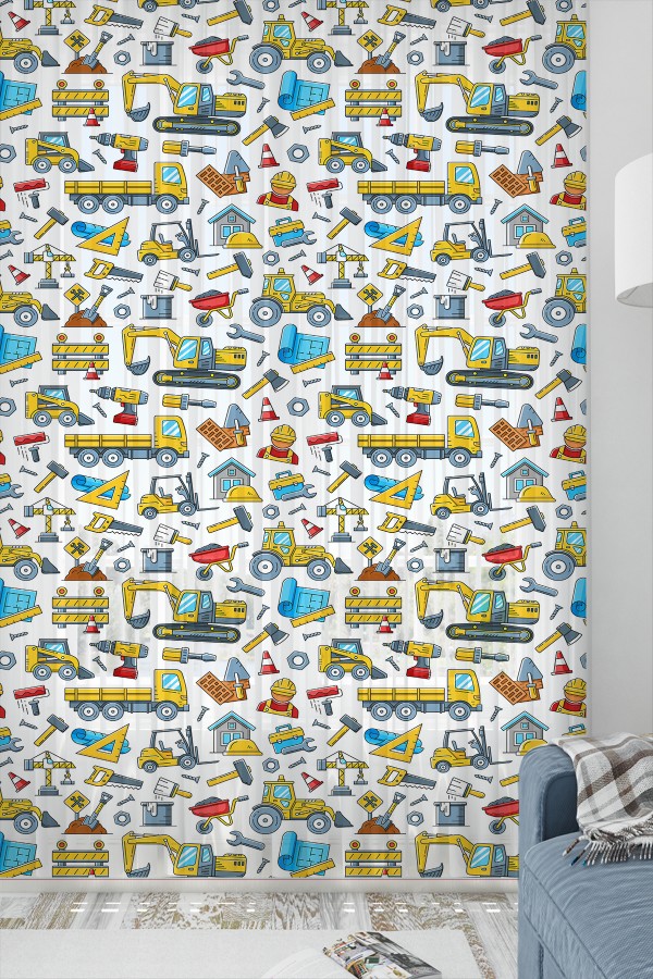 İnşaat Makineleri Kamyon Desenli Erkek Çocuk Odası Tül Perde 140x260cm İnşaat Makineleri Kamyon Desenli Erkek Çocuk Odası Tül Perde 140x260cm