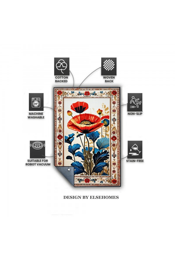 Gelincik Desenli Dokuma Şönil Kilim Halı Yıkanabilir Salon Oturma Odası Mutfak Halısı