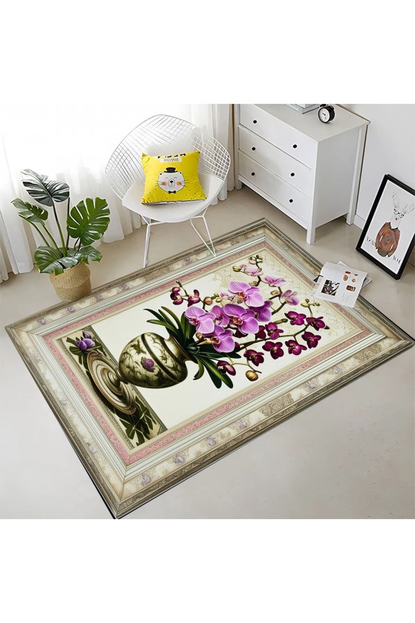 Mor Orkide Desenli Dokuma Şönil Kilim Halı Yıkanabilir Salon Oturma Odası Mutfak Halısı