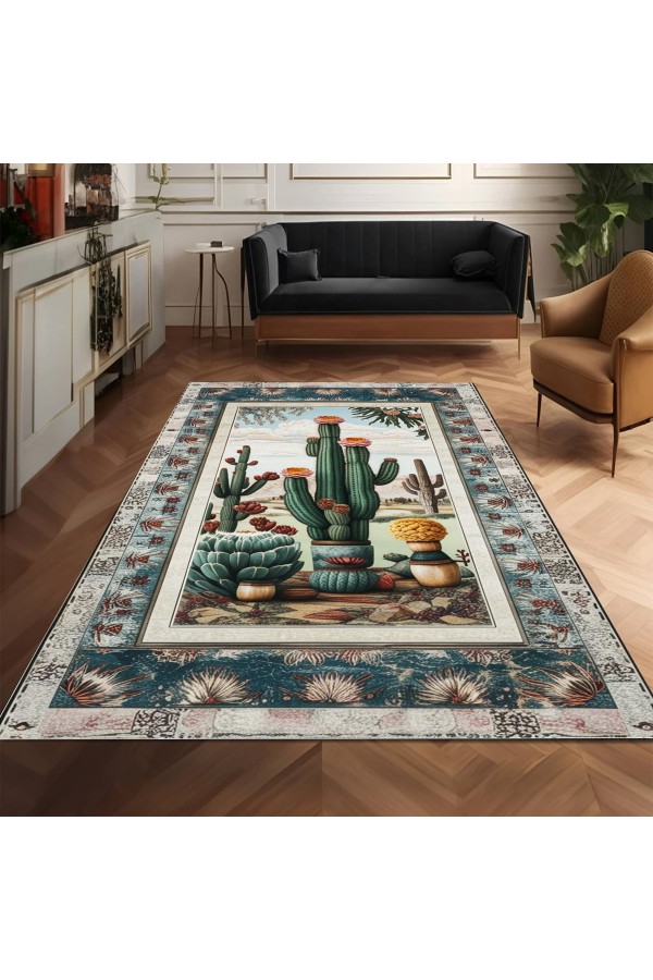 Kaktüs Vahşi Batı Desenli Dokuma Şönil Kilim Halı Yıkanabilir Salon Oturma Odası Mutfak Halısı