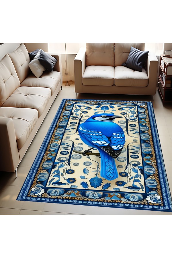Mavi Kuş Desenli Dokuma Şönil Kilim Halı Yıkanabilir Salon Oturma Odası Mutfak Halısı