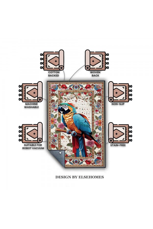 Renkli Papağan Desenli Dokuma Şönil Kilim Halı Yıkanabilir Salon Oturma Odası Mutfak Halısı