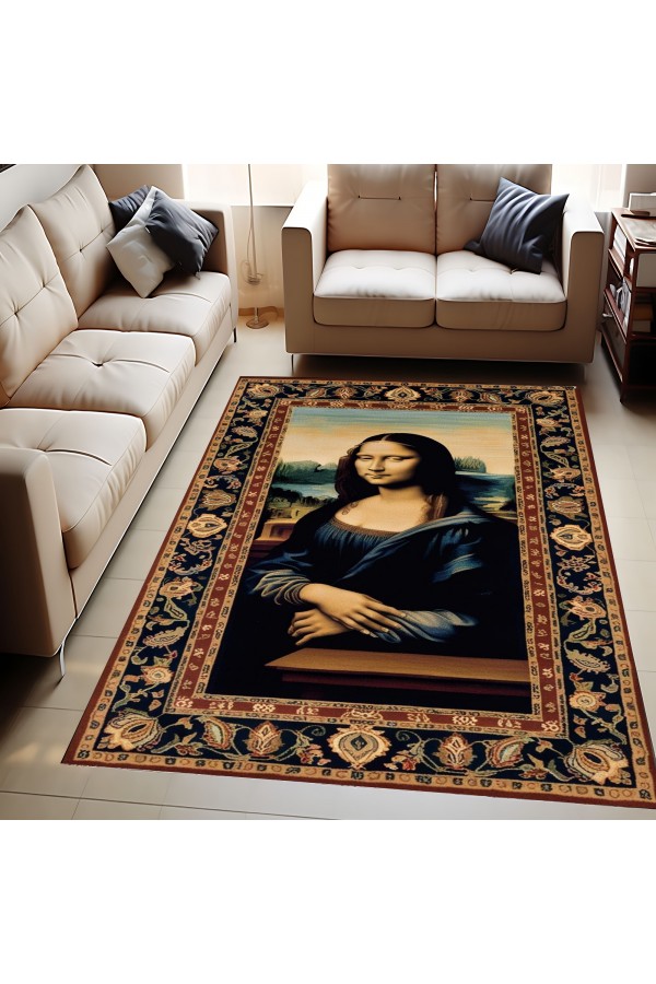 Monalisa Tablo Desenli Dokuma Şönil Kilim Halı Yıkanabilir Salon Oturma Odası Mutfak Halısı