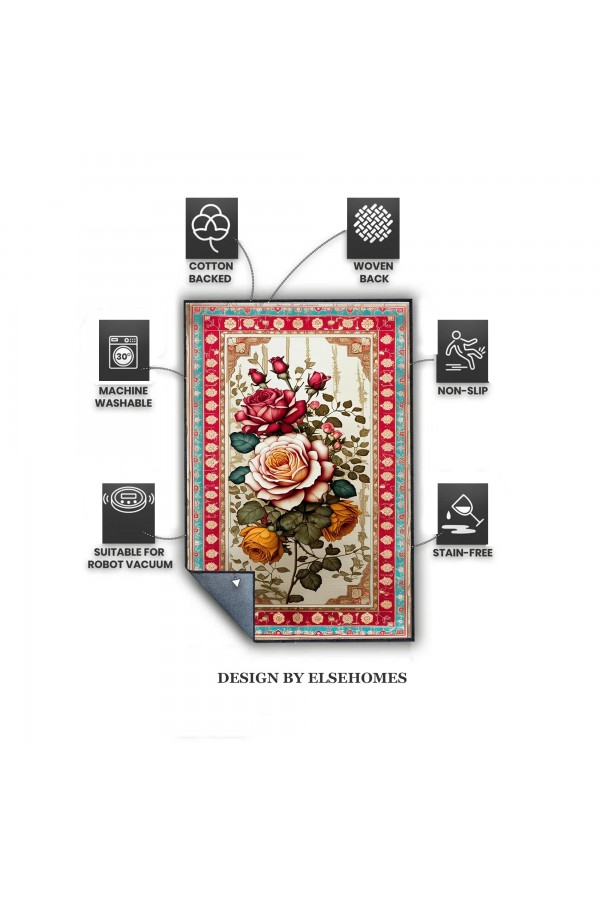 Renkli Retro Çiçek Desenli Dokuma Şönil Kilim Halı Yıkanabilir Salon Oturma Odası Mutfak Halısı
