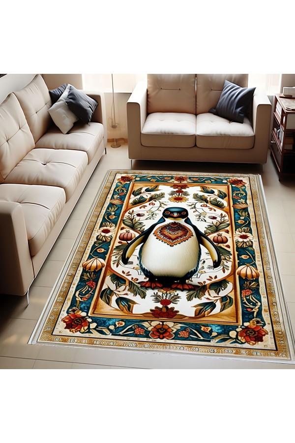 Sevimli Penguen Desenli Dokuma Şönil Kilim Halı Yıkanabilir Salon Oturma Odası Mutfak Halısı
