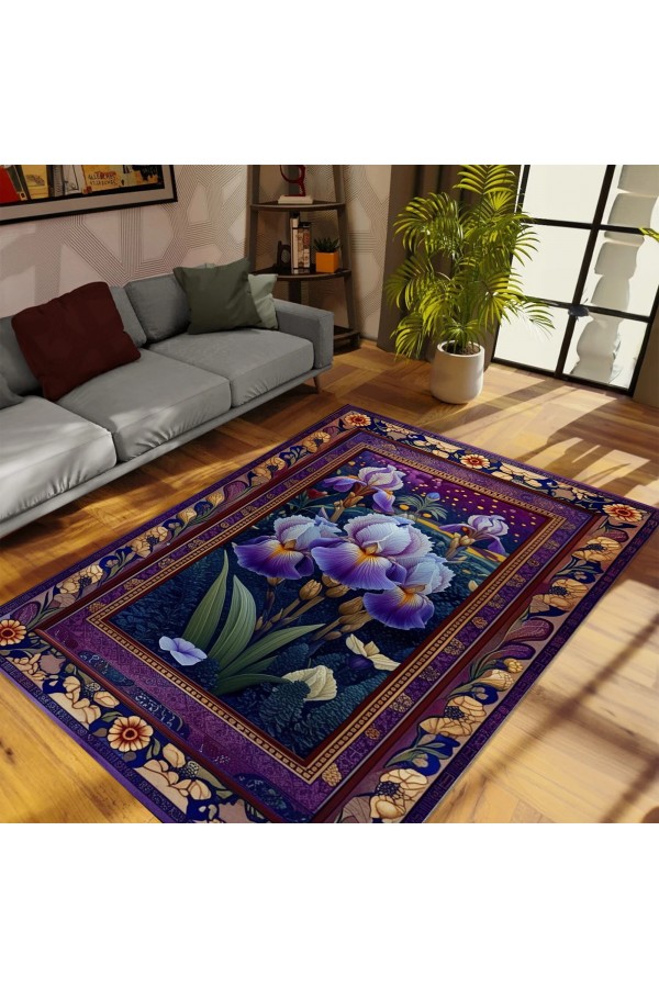 Mor Çiçek Desenli Dokuma Şönil Kilim Halı Yıkanabilir Salon Oturma Odası Mutfak Halısı