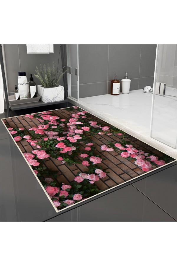 Pembe Sarmaşık Güller Desenli Tekli Banyo Paspas Halısı Kaymaz Yıkanabilir