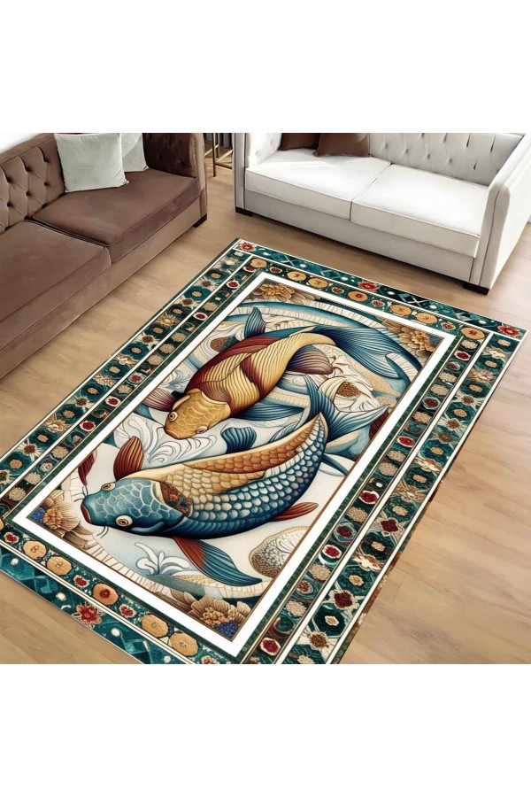 Renkli Balık Desenli Dokuma Şönil Kilim Halı Yıkanabilir Salon Oturma Odası Mutfak Halısı
