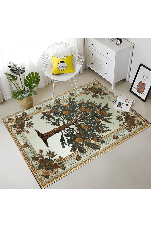 Retro Ağaç Desenli Dokuma Şönil Kilim Halı Yıkanabilir Salon Oturma Odası Mutfak Halısı