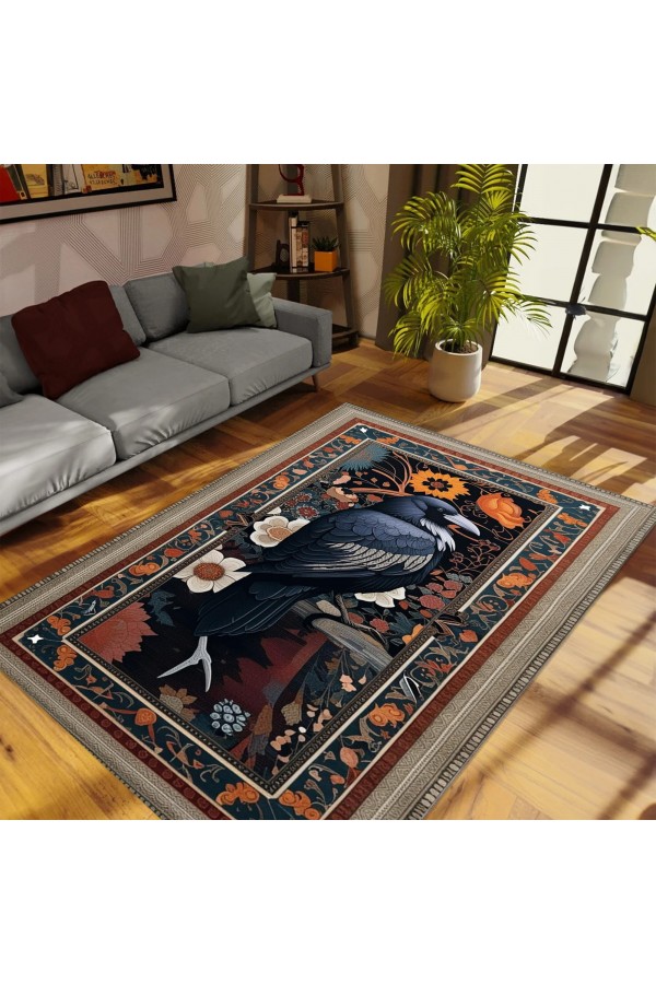Gotik Kuzgun Karga Desenli Dokuma Şönil Kilim Halı Yıkanabilir Salon Oturma Odası Mutfak Halısı