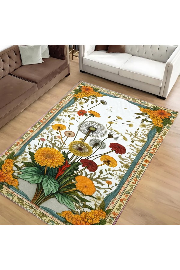 Karahindiba Çiçek Desenli Dokuma Şönil Kilim Halı Yıkanabilir Salon Oturma Odası Mutfak Halısı