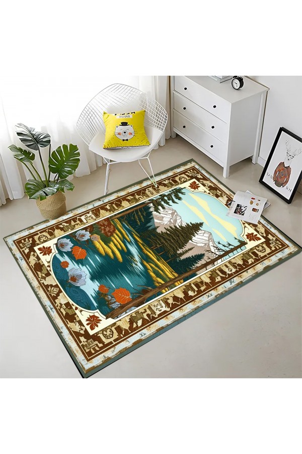 Manzara Ağaç Desenli Dokuma Şönil Kilim Halı Yıkanabilir Salon Oturma Odası Mutfak Halısı