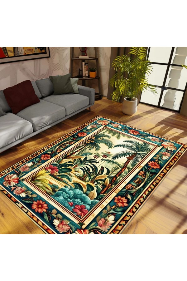 Renkli Tropik Orman Desenli Dokuma Şönil Kilim Halı Yıkanabilir Salon Oturma Odası Mutfak Halısı