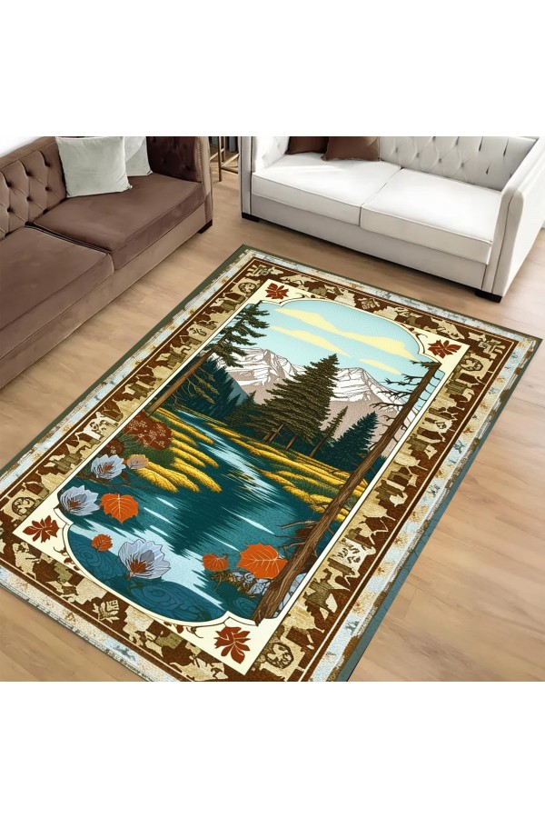Manzara Ağaç Desenli Dokuma Şönil Kilim Halı Yıkanabilir Salon Oturma Odası Mutfak Halısı