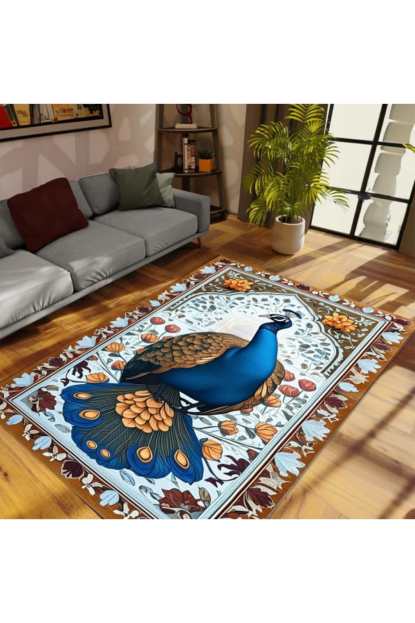 Tavus Kuşu Desenli Dokuma Şönil Kilim Halı Yıkanabilir Salon Oturma Odası Mutfak Halısı