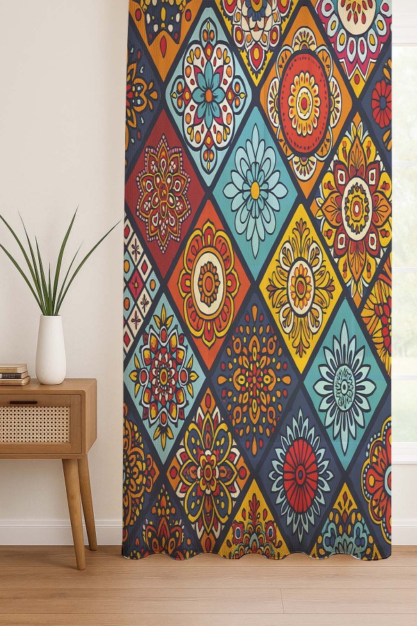 Renkli Karolar Etnik Desenli Dijital Baskı Fon Perde Salon Mutfak Yatak Odası 140x260cm Renkli Karolar Etnik Desenli Dijital Baskı Fon Perde Salon Mutfak Yatak Odası 140x260cm