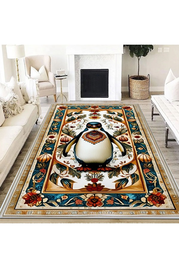 Sevimli Penguen Desenli Dokuma Şönil Kilim Halı Yıkanabilir Salon Oturma Odası Mutfak Halısı