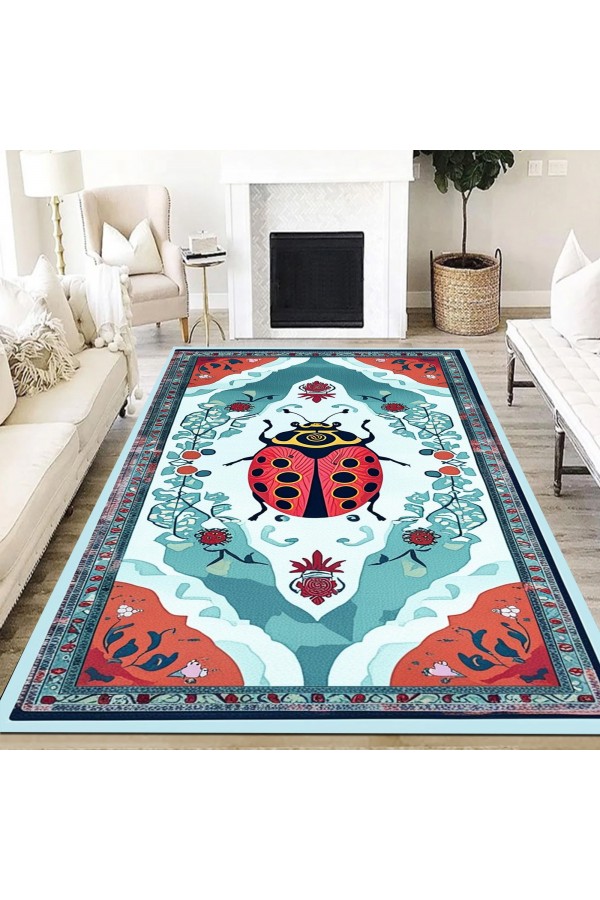 Uğur Böceği Desenli Dokuma Şönil Kilim Halı Yıkanabilir Salon Oturma Odası Mutfak Halısı