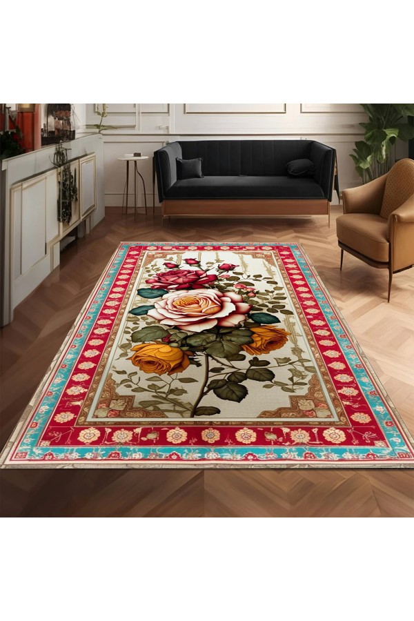 Renkli Retro Çiçek Desenli Dokuma Şönil Kilim Halı Yıkanabilir Salon Oturma Odası Mutfak Halısı