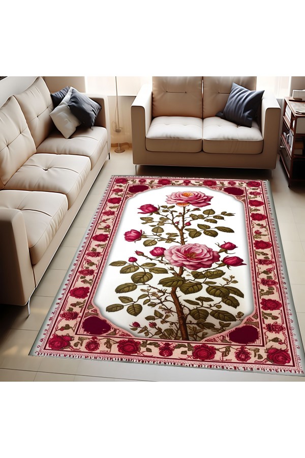Pembe Gül Çiçek Desenli Dokuma Şönil Kilim Halı Yıkanabilir Salon Oturma Odası Mutfak Halısı