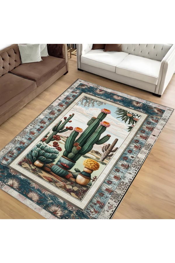 Kaktüs Vahşi Batı Desenli Dokuma Şönil Kilim Halı Yıkanabilir Salon Oturma Odası Mutfak Halısı