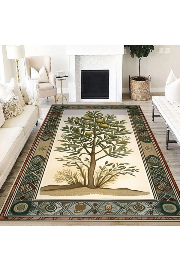 Zeytin Ağacı Desenli Dokuma Şönil Kilim Halı Yıkanabilir Salon Oturma Odası Mutfak Halısı