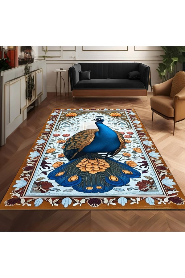 Tavus Kuşu Desenli Dokuma Şönil Kilim Halı Yıkanabilir Salon Oturma Odası Mutfak Halısı