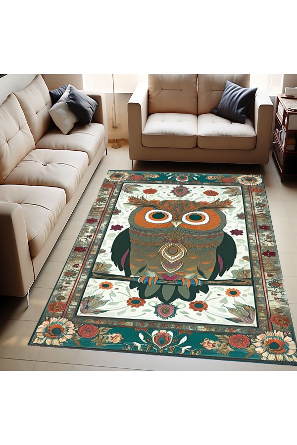 Baykuş Desenli Dokuma Şönil Kilim Halı Yıkanabilir Salon Oturma Odası Mutfak Halısı