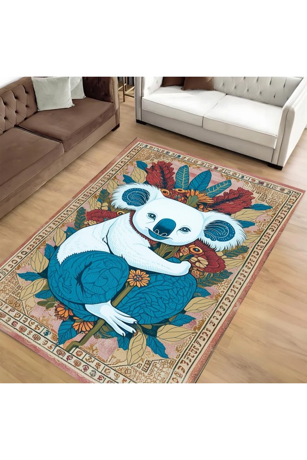 Retro Koala Desenli Dokuma Şönil Kilim Halı Yıkanabilir Salon Oturma Odası Mutfak Halısı