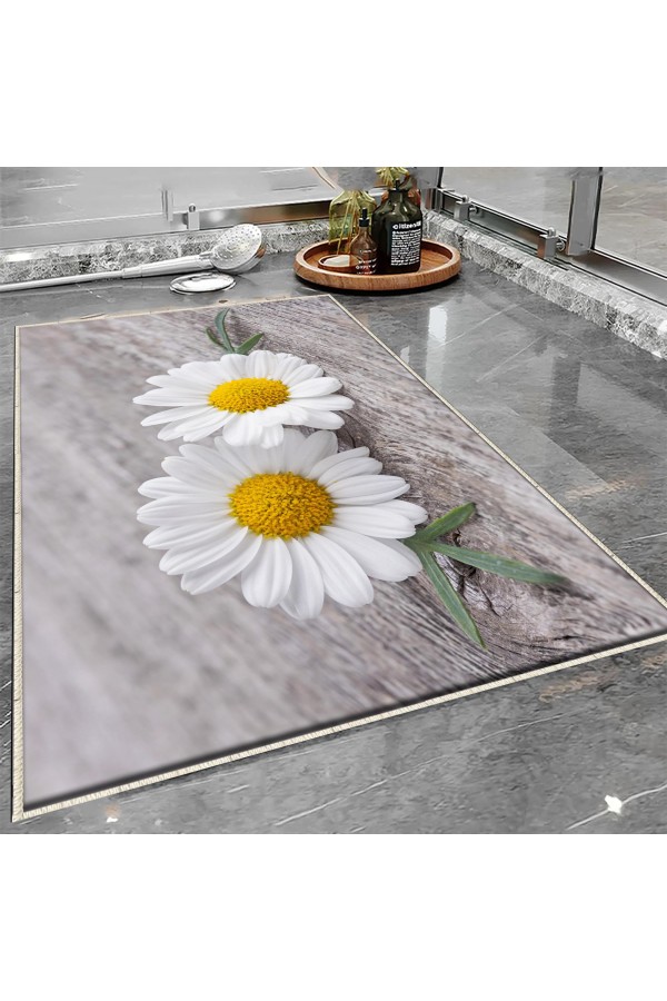 Gri Sarı Papatya Desenli Tekli Banyo Paspas Halısı Kaymaz Yıkanabilir