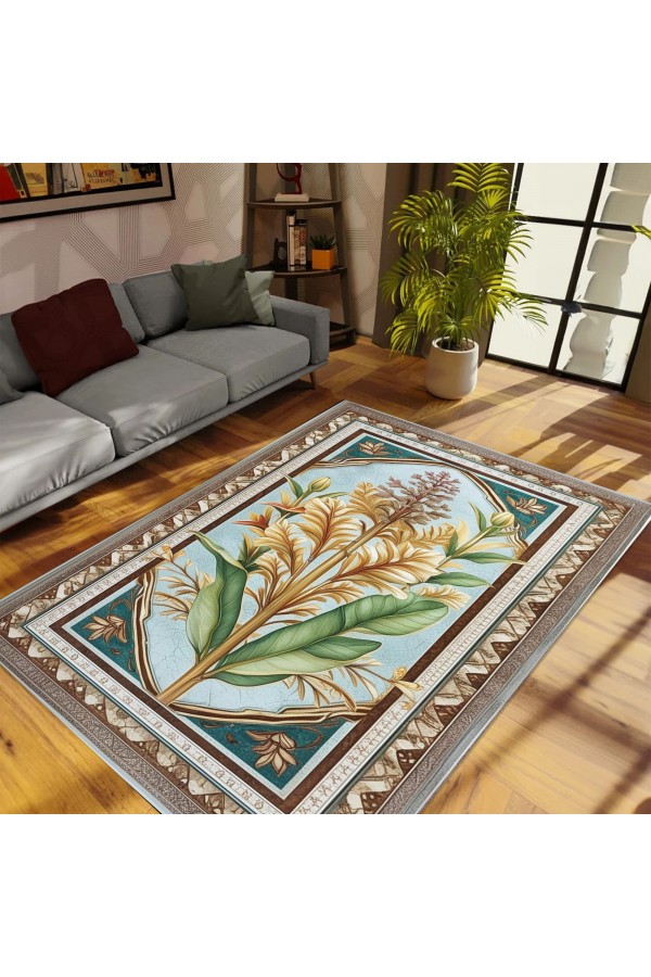 Retro Sarı Çiçek Desenli Dokuma Şönil Kilim Halı Yıkanabilir Salon Oturma Odası Mutfak Halısı