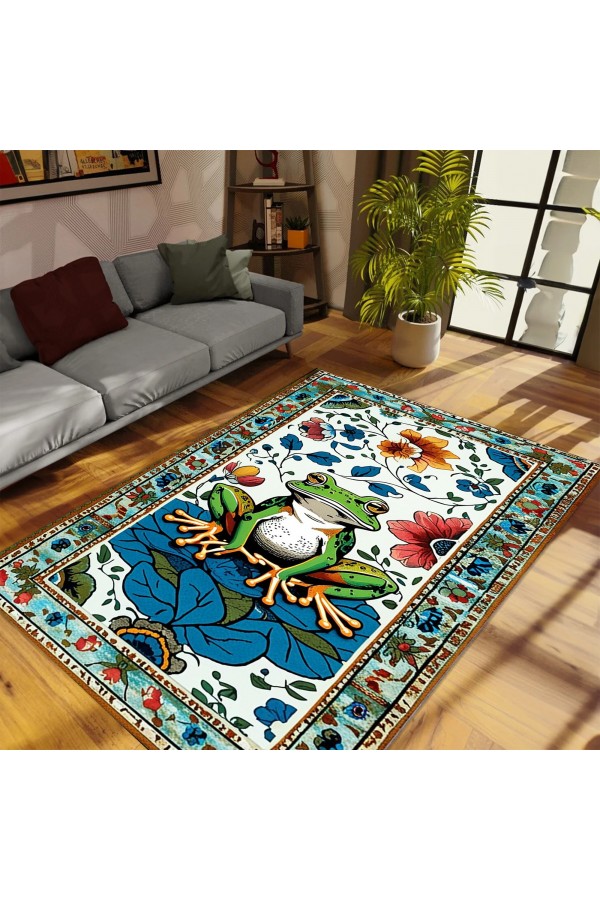 Kurbağa Desenli Dokuma Şönil Kilim Halı Yıkanabilir Salon Oturma Odası Mutfak Halısı