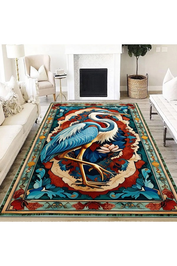 Mavi Leylek Desenli Dokuma Şönil Kilim Halı Yıkanabilir Salon Oturma Odası Mutfak Halısı