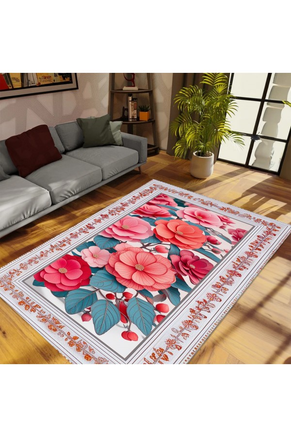 Renkli Çiçek Desenli Dokuma Şönil Kilim Halı Yıkanabilir Salon Oturma Odası Mutfak Halısı