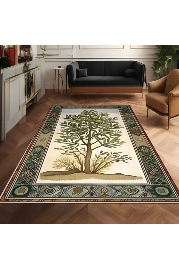 Zeytin Ağacı Desenli Dokuma Şönil Kilim Halı Yıkanabilir Salon Oturma Odası Mutfak Halısı