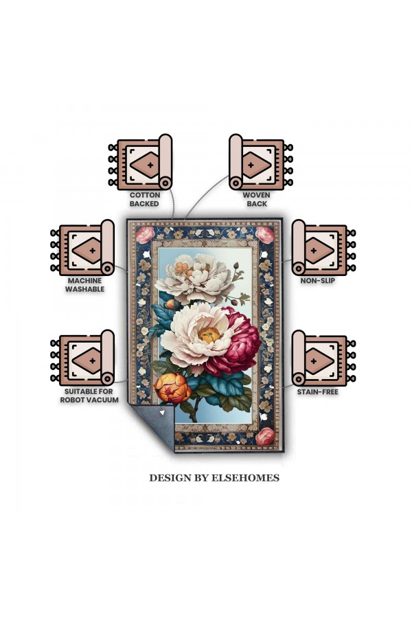 Renkli Çiçekler Güllü Desenli Dokuma Şönil Kilim Halı Yıkanabilir Salon Oturma Odası Mutfak Halısı