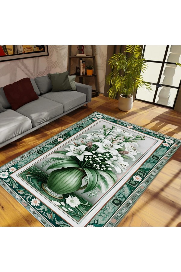 Yeşil Çiçek Desenli Dokuma Şönil Kilim Halı Yıkanabilir Salon Oturma Odası Mutfak Halısı
