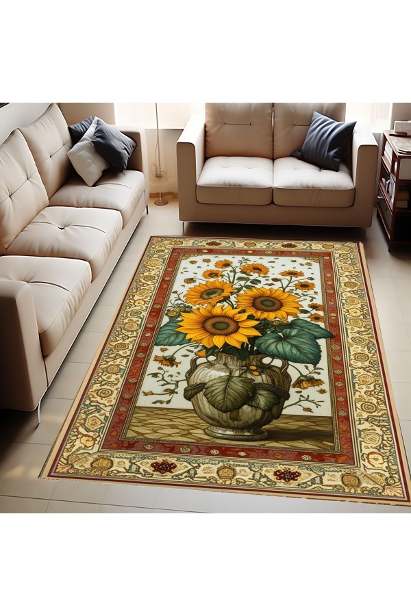 Ay Çiçeği Vazo Desenli Dokuma Şönil Kilim Halı Yıkanabilir Salon Oturma Odası Mutfak Halısı