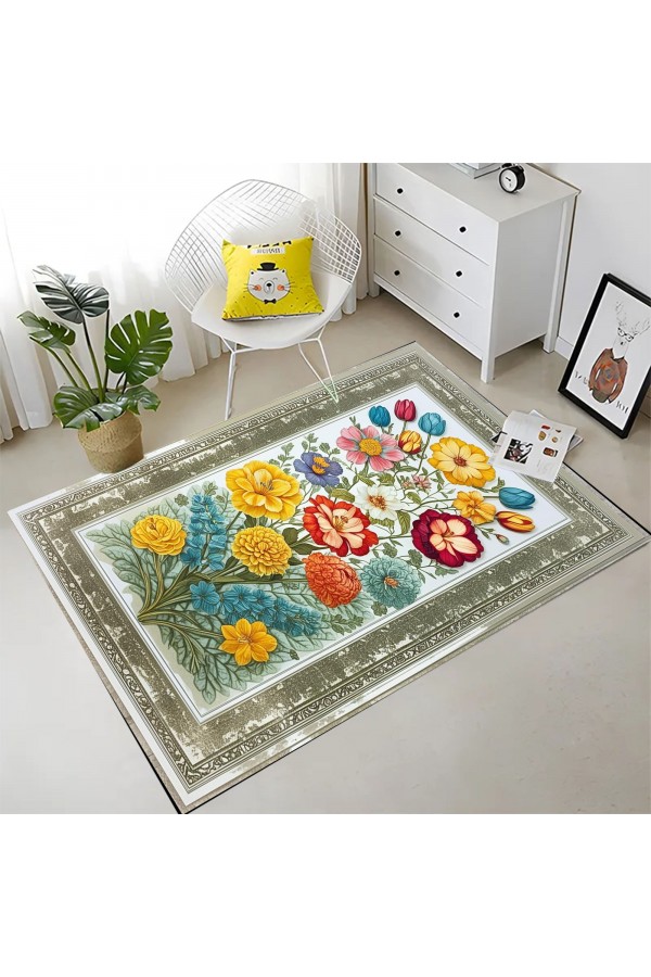 Renkli Çiçek Desenli Dokuma Şönil Kilim Halı Yıkanabilir Salon Oturma Odası Mutfak Halısı