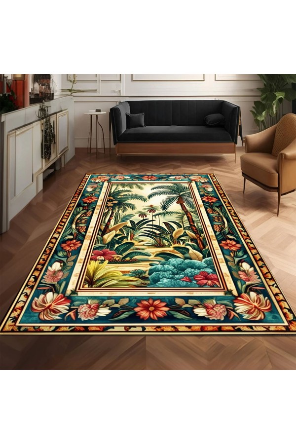 Renkli Tropik Orman Desenli Dokuma Şönil Kilim Halı Yıkanabilir Salon Oturma Odası Mutfak Halısı